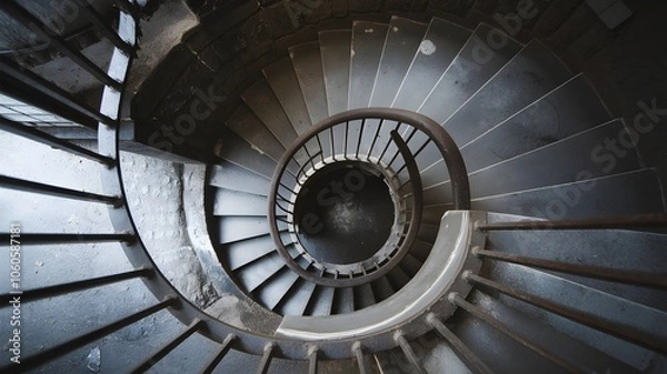 Fototapeta Worn stone spiral staircase with rusted railing in dimly lit basement