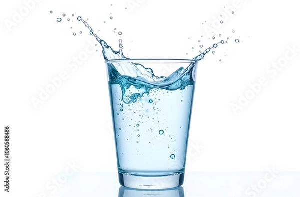 Fototapeta A glass of clean water with splashes is an isolated object on a white background.