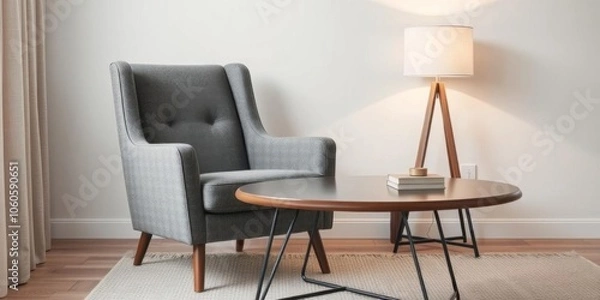 Fototapeta Modern living room interior with a stylish grey armchair, table, and lamp, table, interior, design