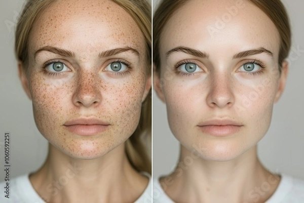 Obraz Before and after selfie, a comparison of age spots removal. Laser treatment effects on age spots on woman's face - skincare transformation	