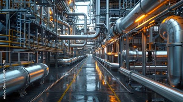Fototapeta detailed perspective of industrial piping and infrastructure, showcasing metallic pipes and illuminated walkways in modern facility. scene conveys sense of scale and complexity