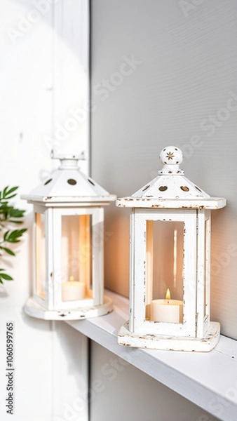 Fototapeta two distressed white lanterns with lit candles on a shelf