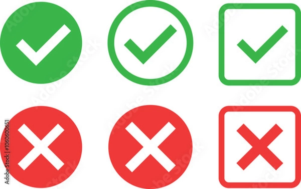 Fototapeta Checkmark crossmark icon set. Green check mark icon and red cross mark icon set. Check mark with right and wrong sign. Tick and cross icon set. Green check button and red wrong button.
