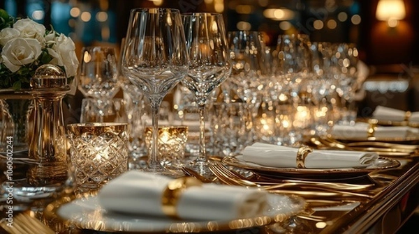 Fototapeta Elegant Table Setting with Gold Cutlery and Crystal Decor