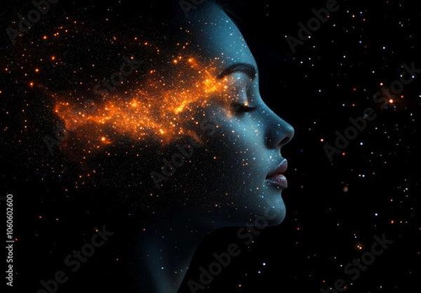 Fototapeta A photorealistic portrait of a beautiful woman's head made of stardust and nebulae, with a profile shot against a black background