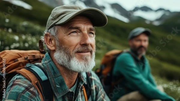 Fototapeta Two older men with backpacks are enjoying a mountainous nature expedition, featuring green hills, clear skies, and a sense of adventure and harmony with nature.