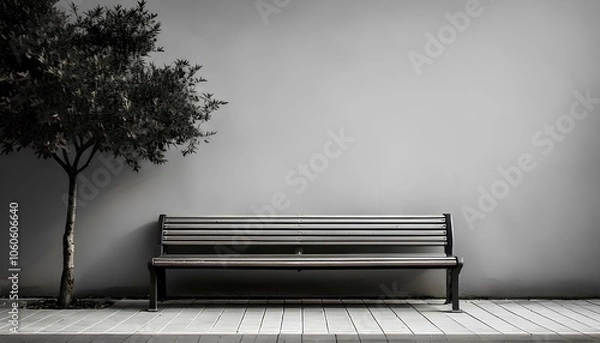 Fototapeta bench in the fog, Minimalist color palette or monochrome, bench, space for texts on the left, illustration