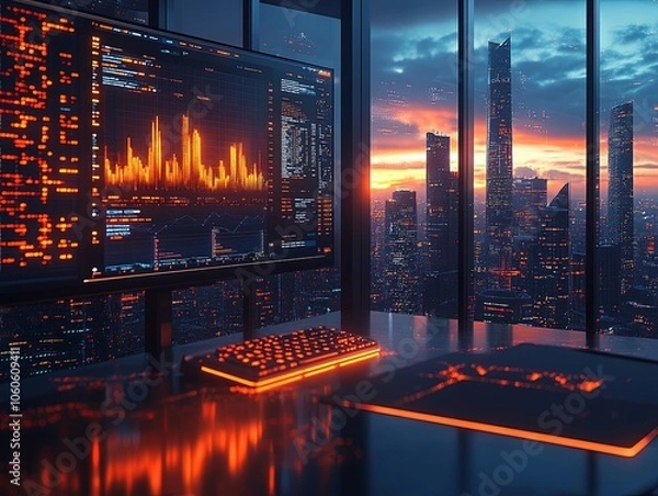 Fototapeta Modern office with a startup team using digital tools and data analytics to develop breakthrough products, representing innovation at the core of business growth