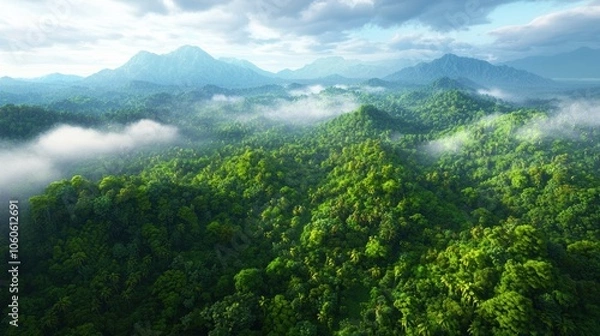 Fototapeta Serene Aerial View of Lush Foggy Forest Landscape