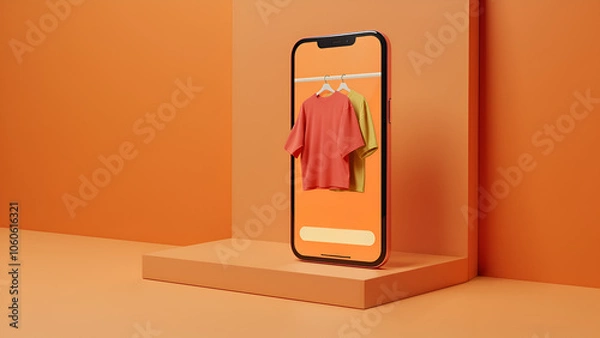 Fototapeta Smartphone with t-shirt inside on orange background and podium