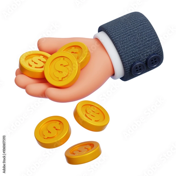 Obraz Businessman hand with coins falling isolated. Money investment and business commerce. 3D Render illustration
