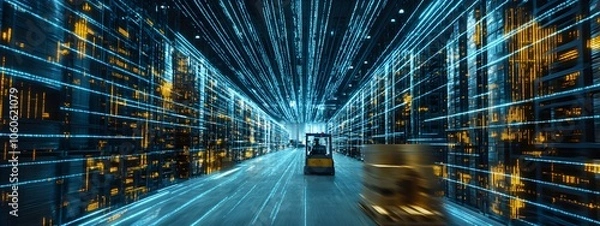 Obraz A futuristic warehouse with glowing digital data streams, creating an immersive and high-tech atmosphere for commercial photography