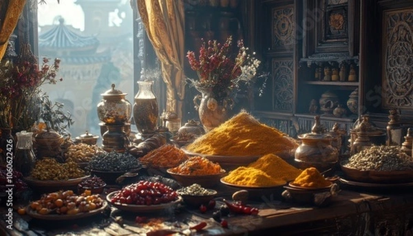 Fototapeta Boost Your Immunity with a Colorful Array of Herbs and Spices Nature's Powerful Allies for Health, Nutrition, and Vitamins Discover the Benefits of Turmeric, Ginger, Garlic, and More in this Stunning