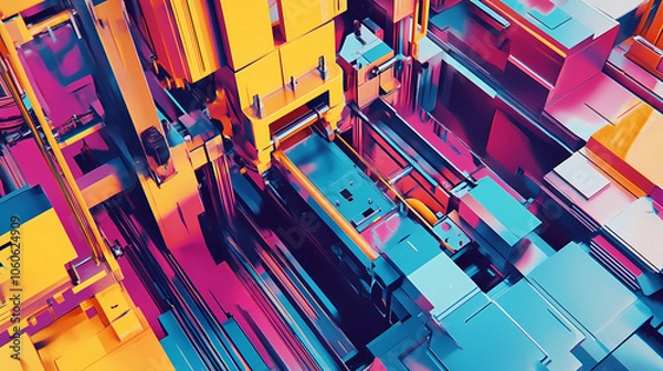 Obraz Close-up of modern industrial printing machine with vibrant colorful inks and metallic components, showcasing high-speed printing process with precision and accuracy. Silk Screen Print. Illustration