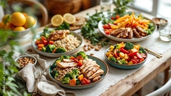 Fototapeta Balanced Plate Rule Meal with Grilled Chicken, Vegetables, and Grains on a Dining Table