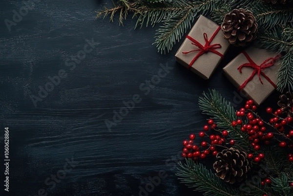 Obraz Christmas background with gift boxes, pine cones, and red berries on a black wooden table. Flat lay, top view of holiday decoration with copy space for text or design, Generative Ai 