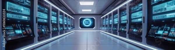 Obraz Futuristic data center hallway with advanced technology displays glowing in blue light, showcasing a modern digital environment.