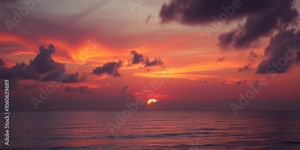 Fototapeta Vibrant orange and pink hues illuminate the sky as the sun dips below the horizon over a tranquil ocean scene, evening, serenity