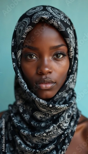Fototapeta Portrait of Person in Stylish Black and White Paisley Headscarf.