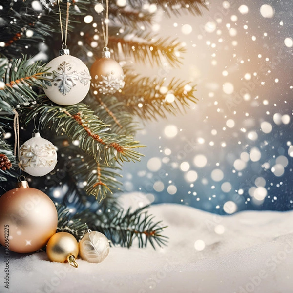 Fototapeta AI generated image of Christmas tree in snow with ornaments blue background