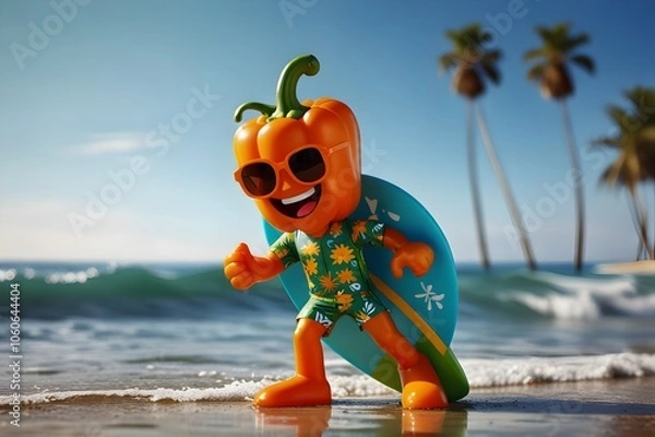 Fototapeta An energetic orange bell pepper character, wearing sunglasses and a floral shirt, rides a wave on a surfboard with an excited expression against a sunny beach backdrop, capturing the joy of summer fun