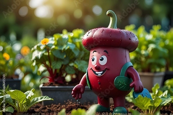 Fototapeta A friendly beetroot cartoon character dressed as an enthusiastic gardener with a leafy sunhat, overalls, and holding a watering can and trowel, surrounded by blooming plants and flowers in a warm gard