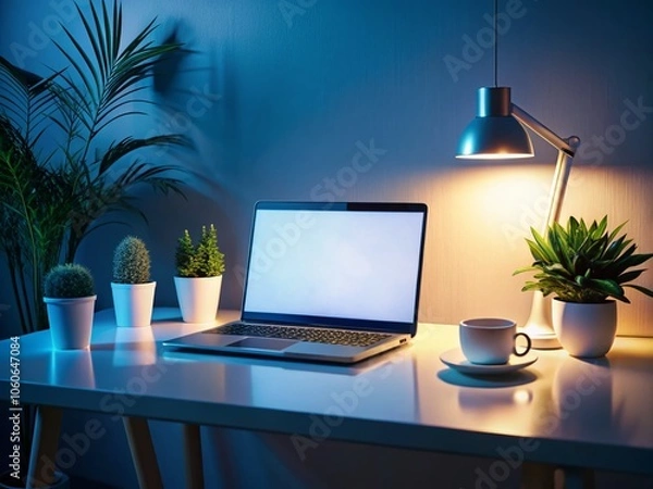 Fototapeta Minimalist Night Photography of a Mockup Laptop with Blank Screen on a Home Office Desk, Ideal for Workspace Inspiration and Digital Marketing