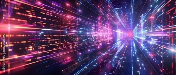 Fototapeta Shimmering Digital Tech Grid with Incandescent Neon Power Flow in Surreal Futuristic Environment