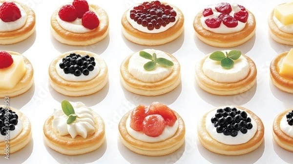 Fototapeta Blini with different toppings arranged on a platter, including caviar, cheese, and fruit, for a beautiful brunch spread.