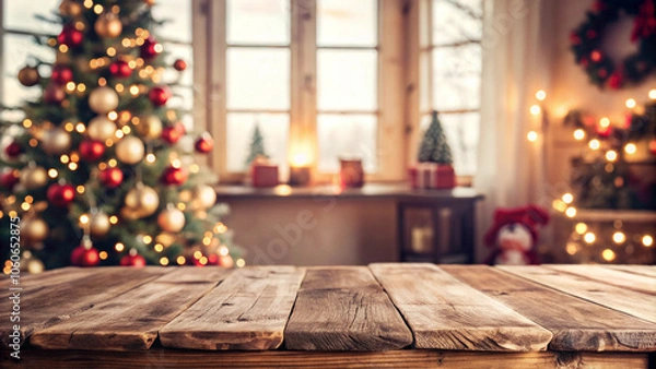 Fototapeta empty-soft-wooden-table-with-christmas-theme-in-background