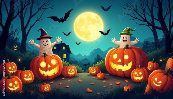 Obraz Whimsical Halloween Pumpkin Patch Under Spooky Moonlit Sky