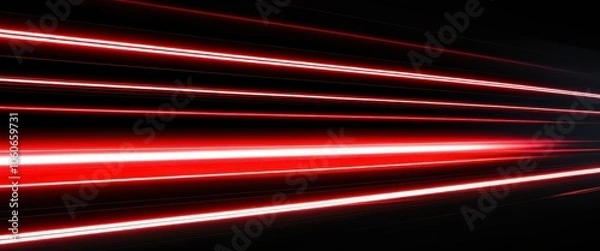 Fototapeta Abstract, horizontal red light streaks, black background, motion blur, neon glow, futuristic, dynamic, high contrast, minimalist, sleek design, speed effect, digital art, sci-fi aesthetic, energy line