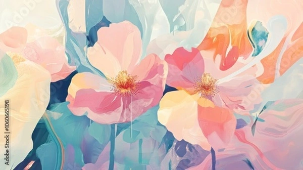 Obraz Close up of pink and peach flowers with soft blue, green, and yellow background.