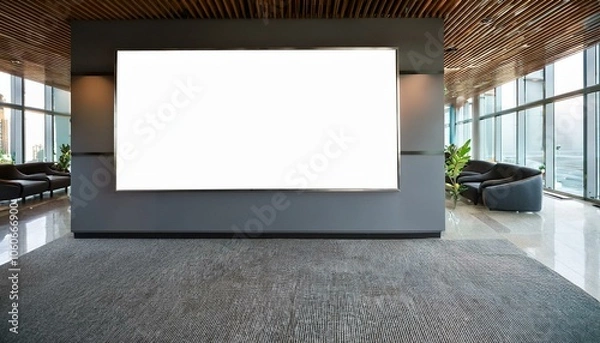 Fototapeta Modern office lobby interior with empty billboard on wall. Mock up. Generative AI