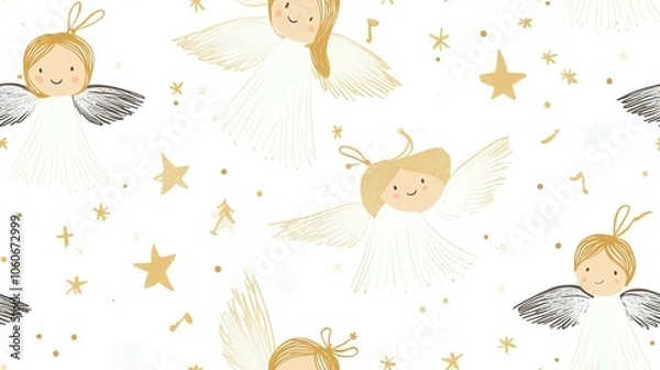Obraz Cartoon angels and stars seamless pattern, white background
