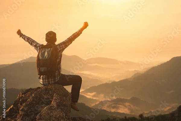 Fototapeta The traveler with a backpack raises his hand proudly for conquering a mountain peak. A hiker sits with his arms outstretched to convey success and freedom atop a misty high mountain