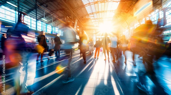 Obraz A beautiful motion blur captures people walking in a train station during early morning rush hours, symbolizing the busy modern life. Ideal for website and magazine layouts.