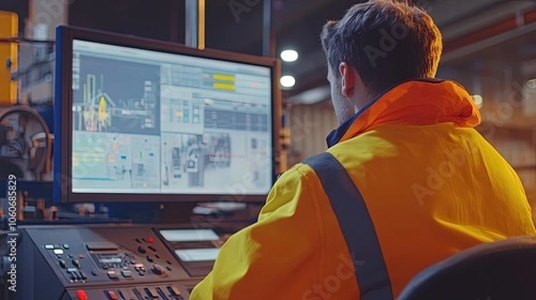 Fototapeta A worker in a high-visibility jacket is sitting at a computer and looking into an industrial control panel with a large screen , Generative Ai 