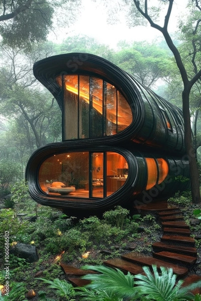 Fototapeta A unique black curved house stands among dense forest trees, featuring large windows that illuminate the interior with warm light in the morning fog