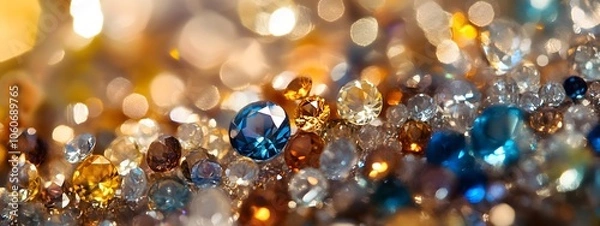 Fototapeta A close-up of the sparkling diamonds, each reflecting vibrant colors and creating an enchanting pattern in shades of gold, blue, purple, orange, yellow, black, silver, and red