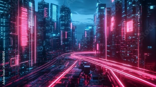 Fototapeta Cyberpunk Cityscape with Glowing Neon Lights