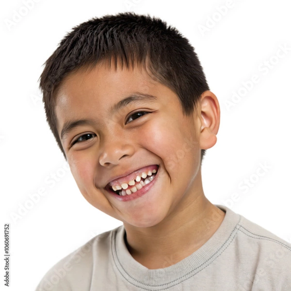 Fototapeta Close-up portrait of a joyful young boy with a big toothy grin, isolated on transparent background