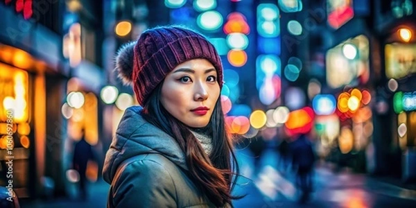 Obraz In a winter city night, a Japanese woman dons a beanie and jacket, exuding grace and cultural heritage, beautifully representing Japan's distinctive charm beyond its borders.