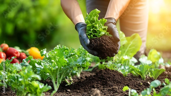 Fototapeta Hands planting soil and lettuce in garden with vegetables nearby