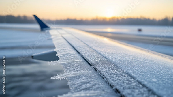 Fototapeta Icy airplane wing at an airport during early morning hours with a rising sun in the background