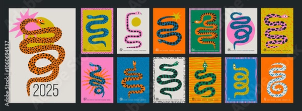 Obraz Set of colorful hand draw Snakes.  Chinese New Year 2025. Trendy style.Vector illustration. Isolated