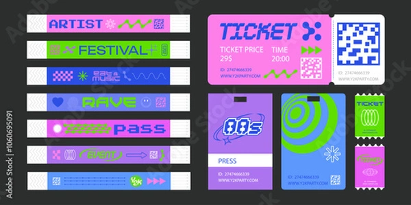 Obraz Event ticket for party. Bracelet control design for dances, music festivals. Sticky wristbands pass in Y2K style.