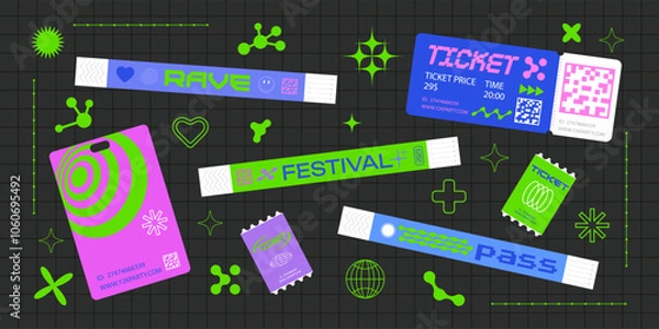 Obraz Event ticket for party. Bracelet control design for dances, music festivals. Sticky wristbands pass in Y2K style.