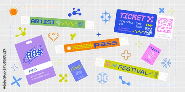Obraz Event ticket for party. Bracelet control design for dances, music festivals. Sticky wristbands pass in Y2K style.