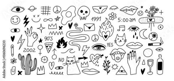 Obraz Set of tattoo hand drawn doodle. Metal or punk music doodle scribble vector.  Scribble elements